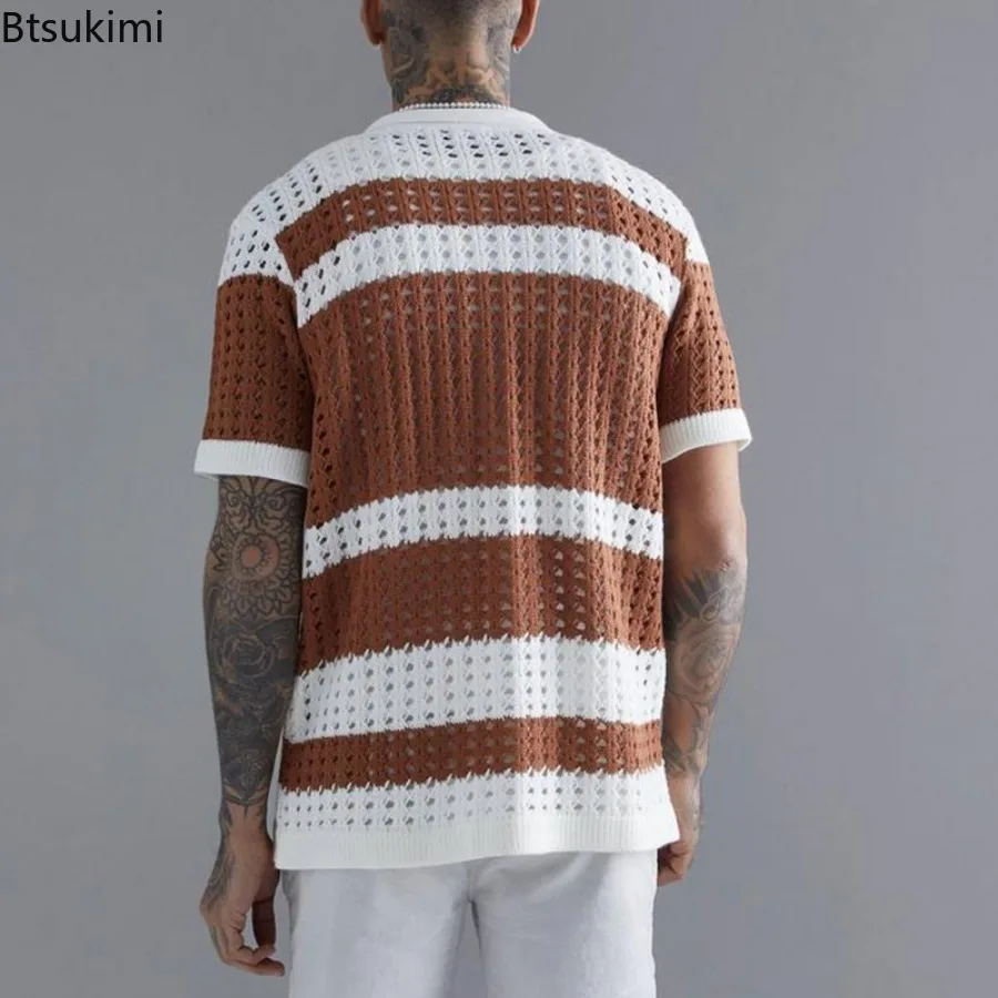 2024 Fashion Striped Patchwork Knitted Shirts for Men Summer Short-sleeved Hollow Out Tops Knit Casual Cardigan Male Streetwear