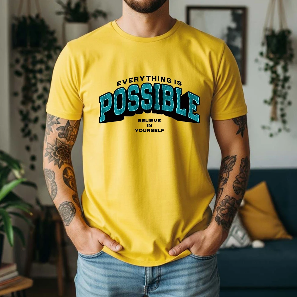 Mens 100% Cotton T Shirt Everything Is Possible Believe In Yourself 3D Letter Print Breathable Short Sleeve Casual Daily Tee