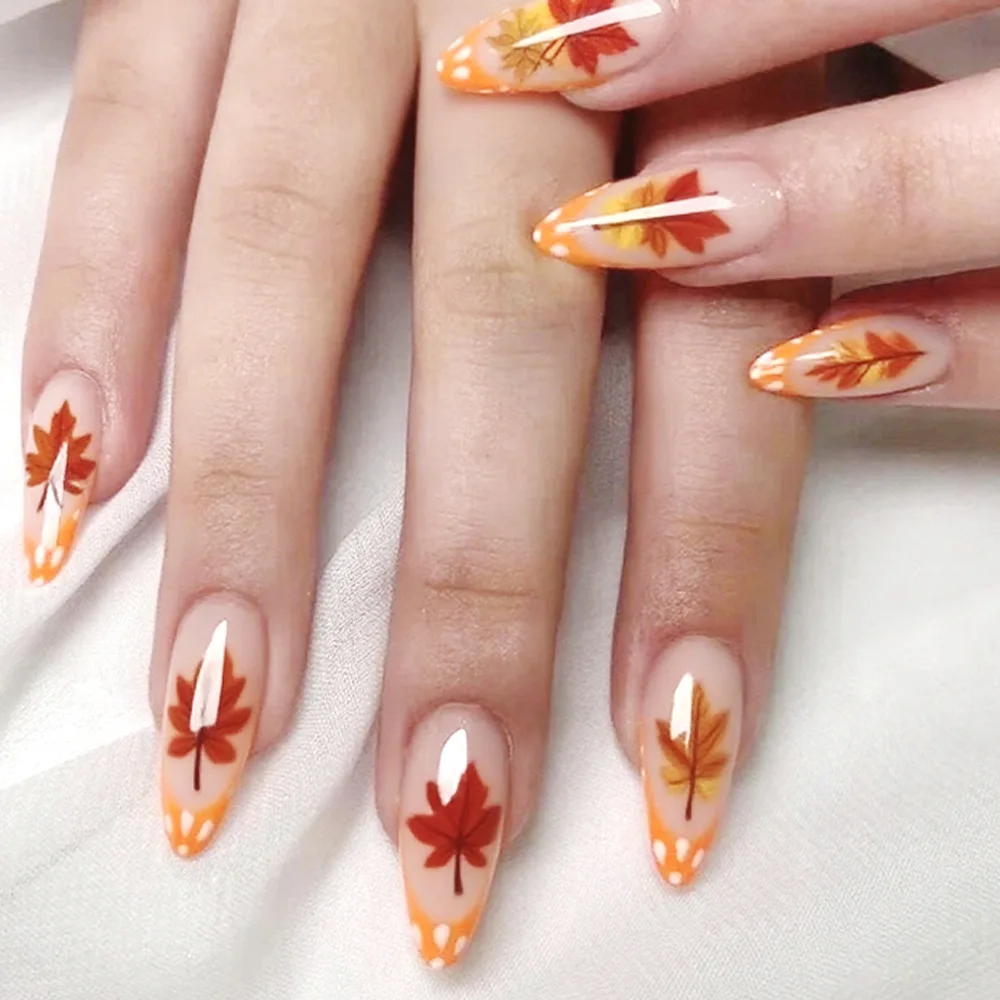 

24Pcs Mid-length French Almond Press on False Nails Orange Red Maple Leaf Fake Nails Art Reusable Finished Full Cover Nails Tips
