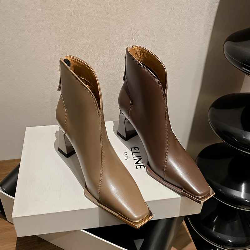 2024 New Brand Genuine Leather Shoes Woman Ankle Boots Square High Heels Brown Khaki Zipper Dress Party Office Lady Shoes 39