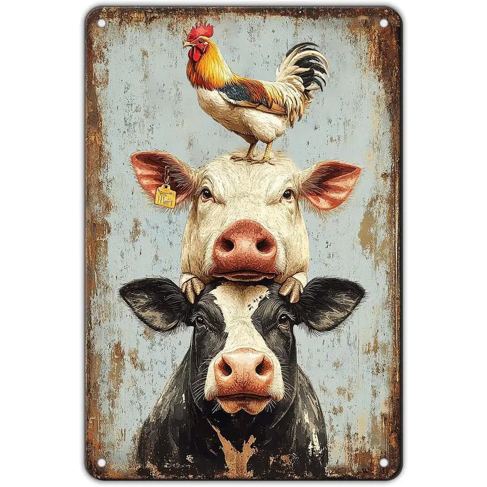 2D Flat 1pc Rustic Iron Wall Decor for Bar Pig Cow Chicken Calf Chicks Farm Animals Wall Hanging Iron Plaque Holiday Plaque with