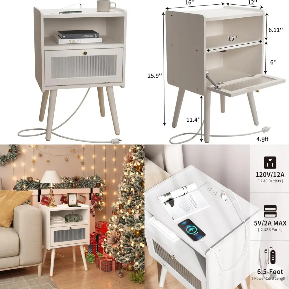 

Mid-Century Modern Bedside Table with Charging Station, 2-Tier Nightstand featuring Glass Door Accents and Decorative Storage