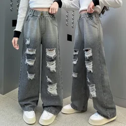2025 Autumn Fashion Loose Straight Pants Girls Hole Wide Leg Jeans Teenage Casual Hundred Streetwear Simple Children's Trousers