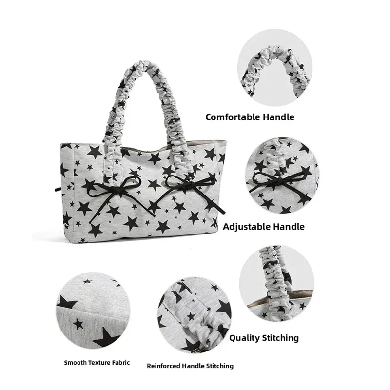 Schultertasche mit Polka-Dot-Schleife und Sternstreifen-Dekor, minimalistische, frische, lässige Nischen-Tragetasche, große Pendler-Handtasche für Damen – Detail 4