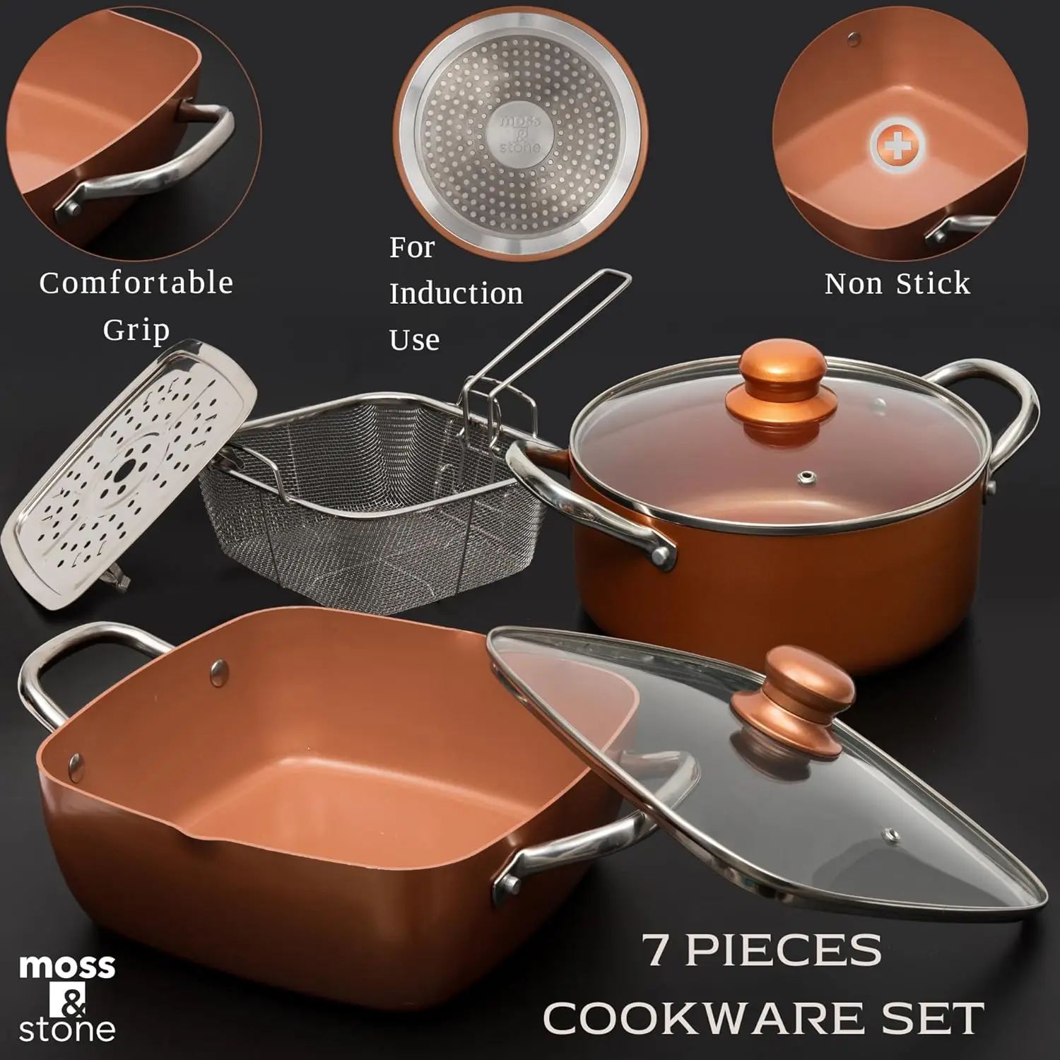 7 Pcs Copper Pots And Pans Set, Copper Chef Cookware Non Stick, Square Copper Pans for Cooking, Round Copper Pot & Fry Basket