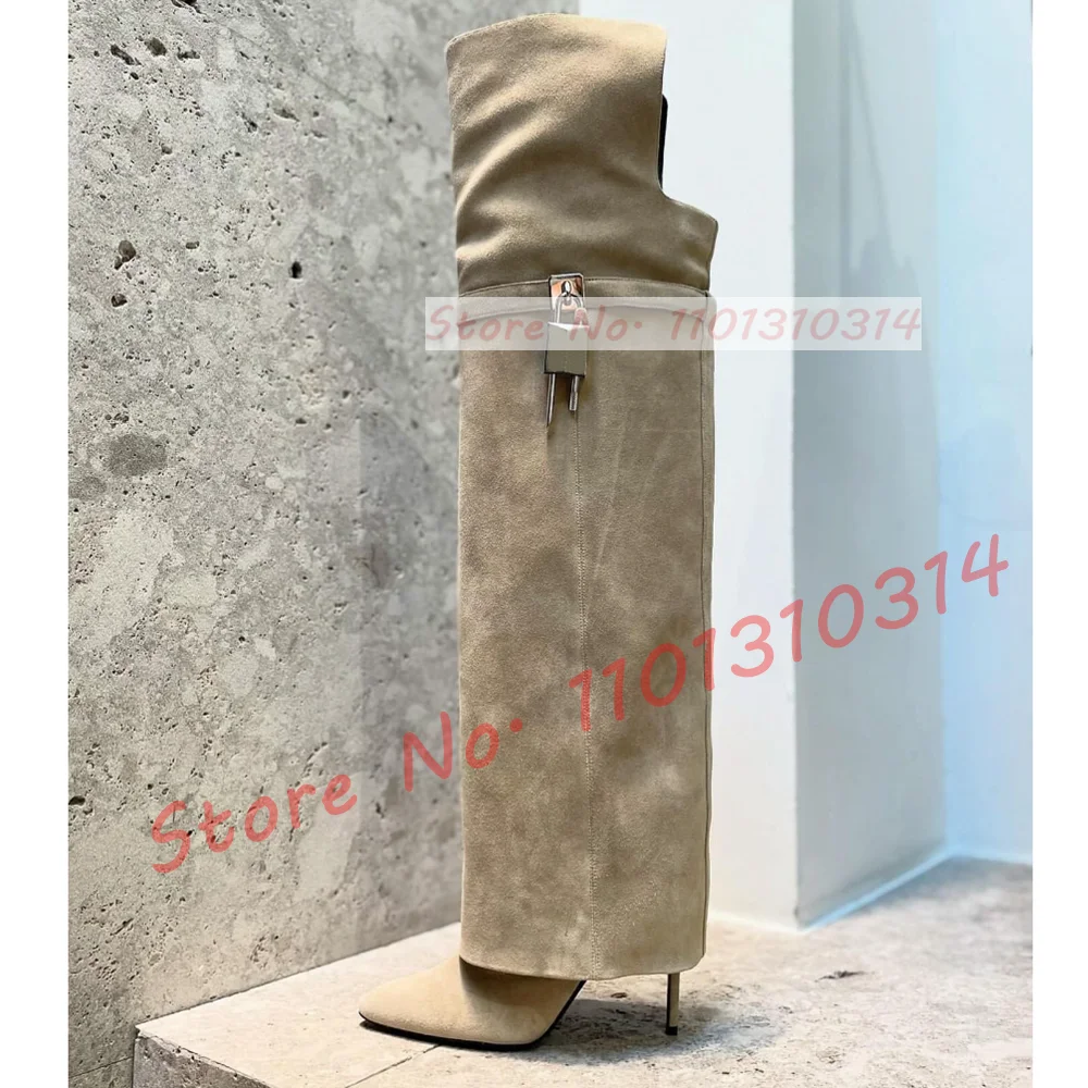 Khaki Suede Over Knee Boots With Silver Lock Women Trendy Fold Over Splicing Pointy Toe Slim Boots Sexy High Thin Heels Shoes