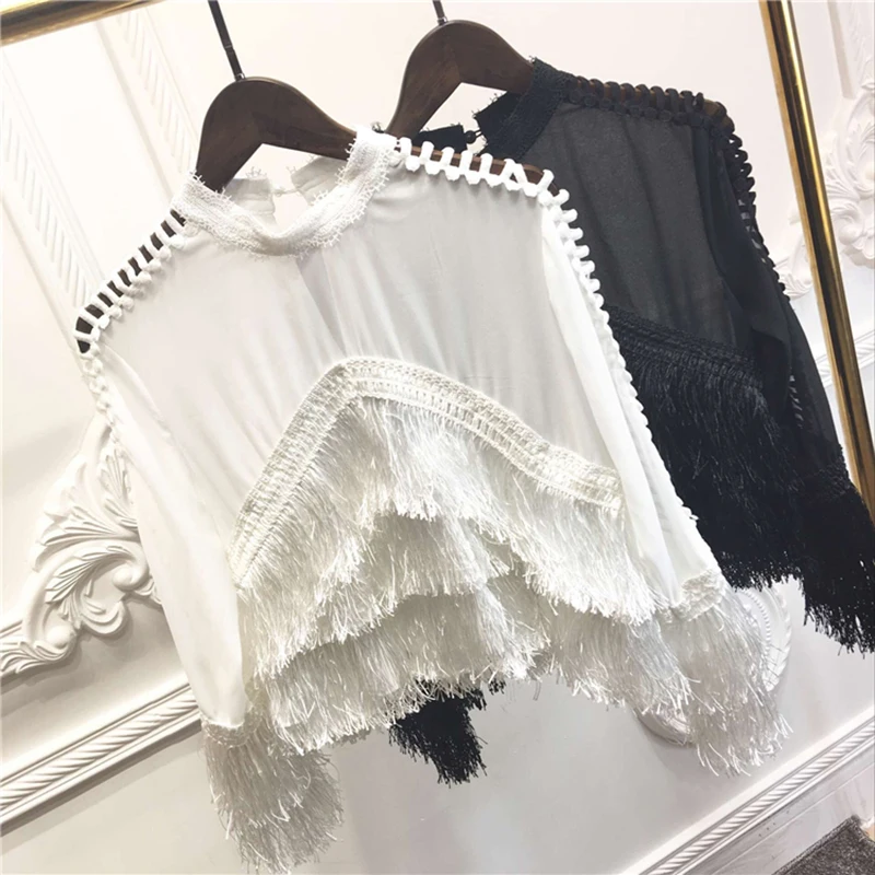 Women's Tassel Chiffon Blouse Black White Round Collar Long Sleeve Jumper Korean Fashion Sexy Lady Mesh Hollow Out Blouses