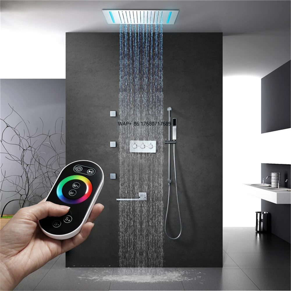 Polished Brass Wall Mount Hot&Cold Water Bathroom Shower Faucet Set with Ceiling Embedded Rain 500x360mm Shower Head