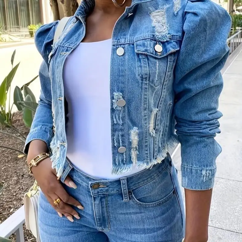 

Faionable Light Blue Fluffy Sve Denim Jaet ort Length Collar Special Wide Fit Autumn Season Men's Clothing