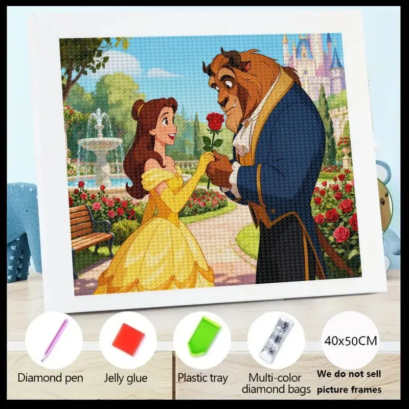 

1PC 5D Full Drill DIY Diamond Painting Kit, Beauty and the Beast Romantic Belle & Beast Offering Rose Scene, Fairy Tale Castle L