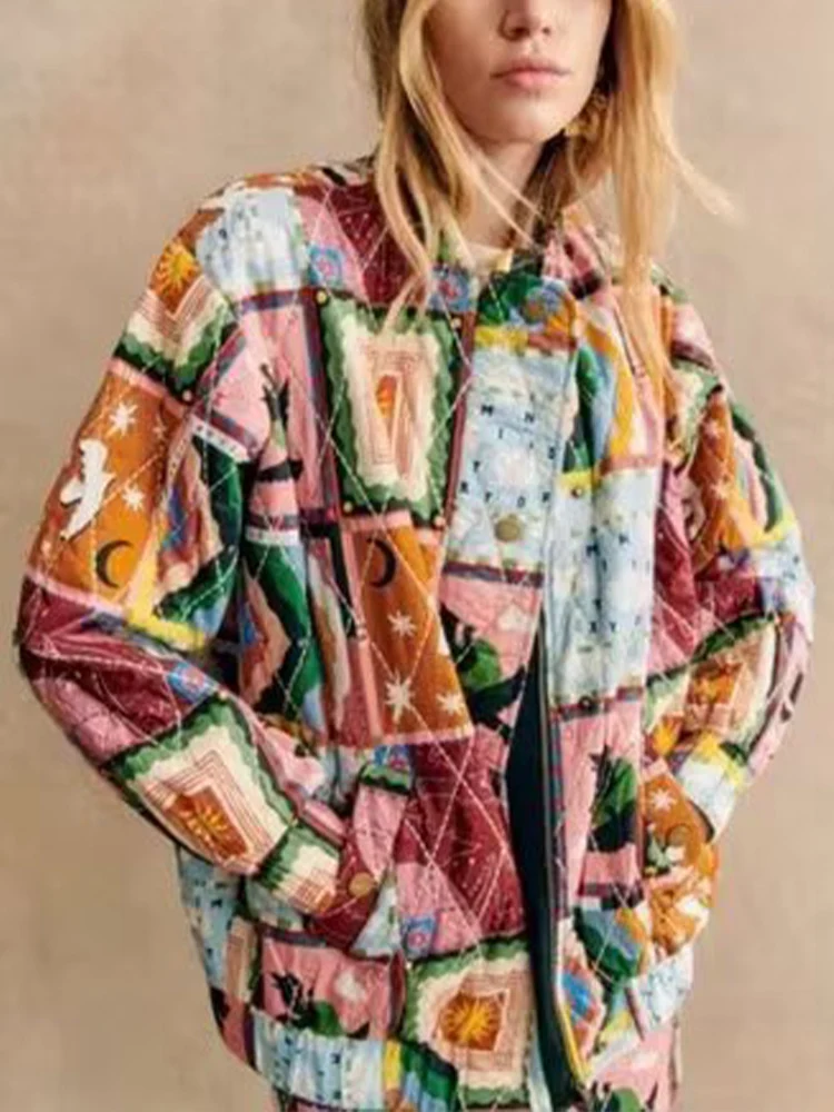 Cappotto in cotone con giacca allentata abbinata ai colori graffiti alla moda in stile pigro retrò da donna invernale in stile europeo e americano