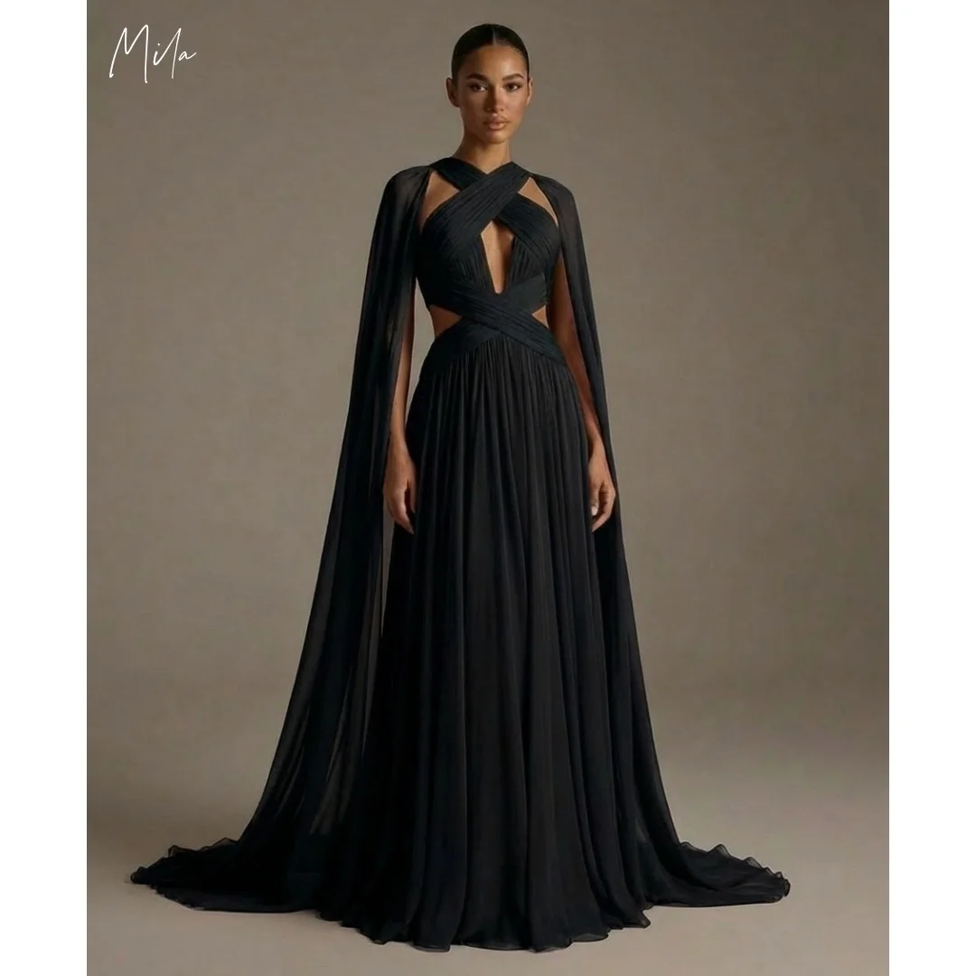 

Bella Customized Black High Neck Prom Dress with Crisscross Cutout Bodice and Flowing Chiffon Cape Train robes de soirée 2026