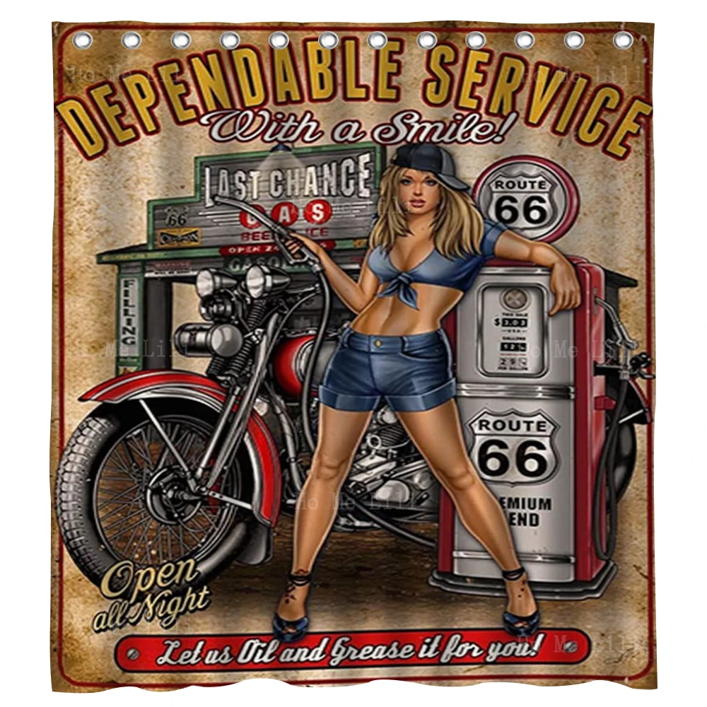 Sexy Pin Up Girl Beside The Motorbike And Route 66 Oil Station Vintage Metal Style Bathroom Decor Shower Curtain