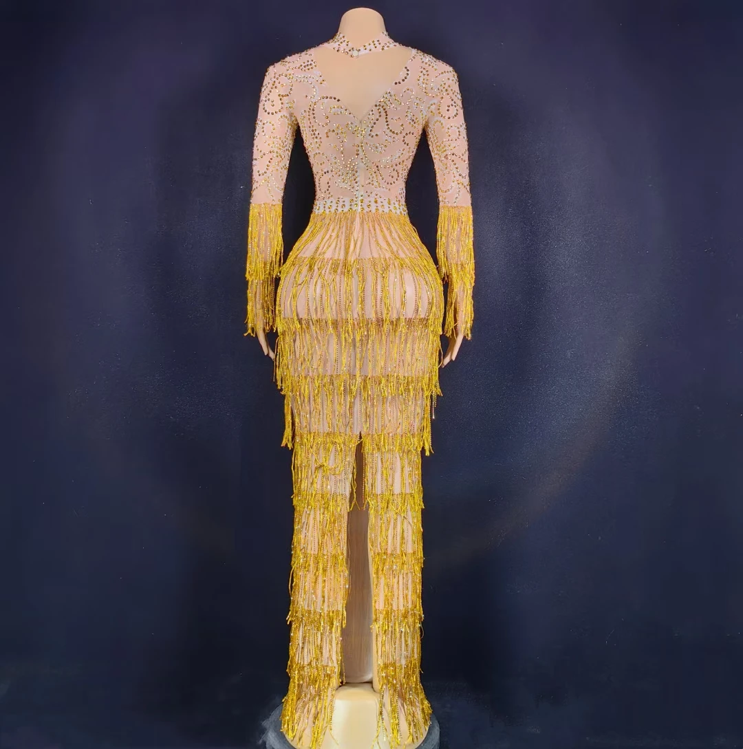 Dangao brilhante lantejoulas cristais borla em camadas vestido longo sexy feminino elegante aniversário celebrar festa festival sessão de fotos wear