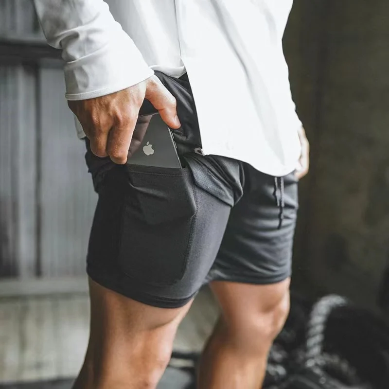 Short de sport 2 en 1 pour hommes, imprimé croisé, doublé de compression, short de sport, sac pour téléphone, housse de serviette, marche de haute qualité