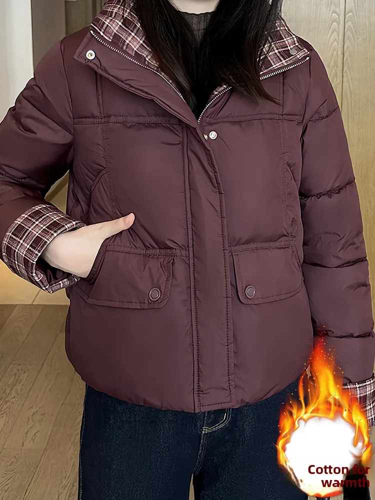 Women's Plaid Splicing Thiened Fce Lined ort Cotton Jaet Winter Warm Sli Commute Korean Sle Loose Fit Coat