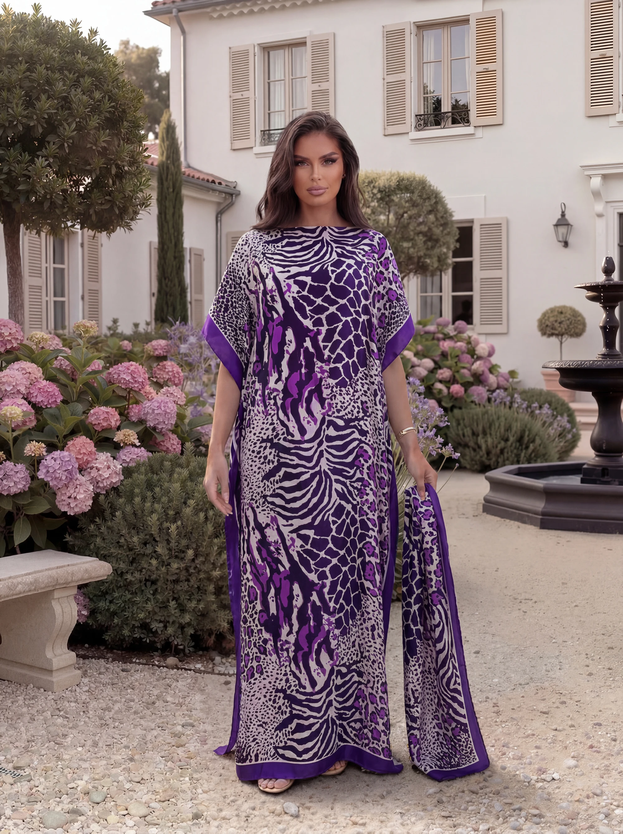 Animal Mixed Print Satin Abaya with Scarf, Loose Long Kaftan Robe, Summer Beach Outfit for African Muslim Women