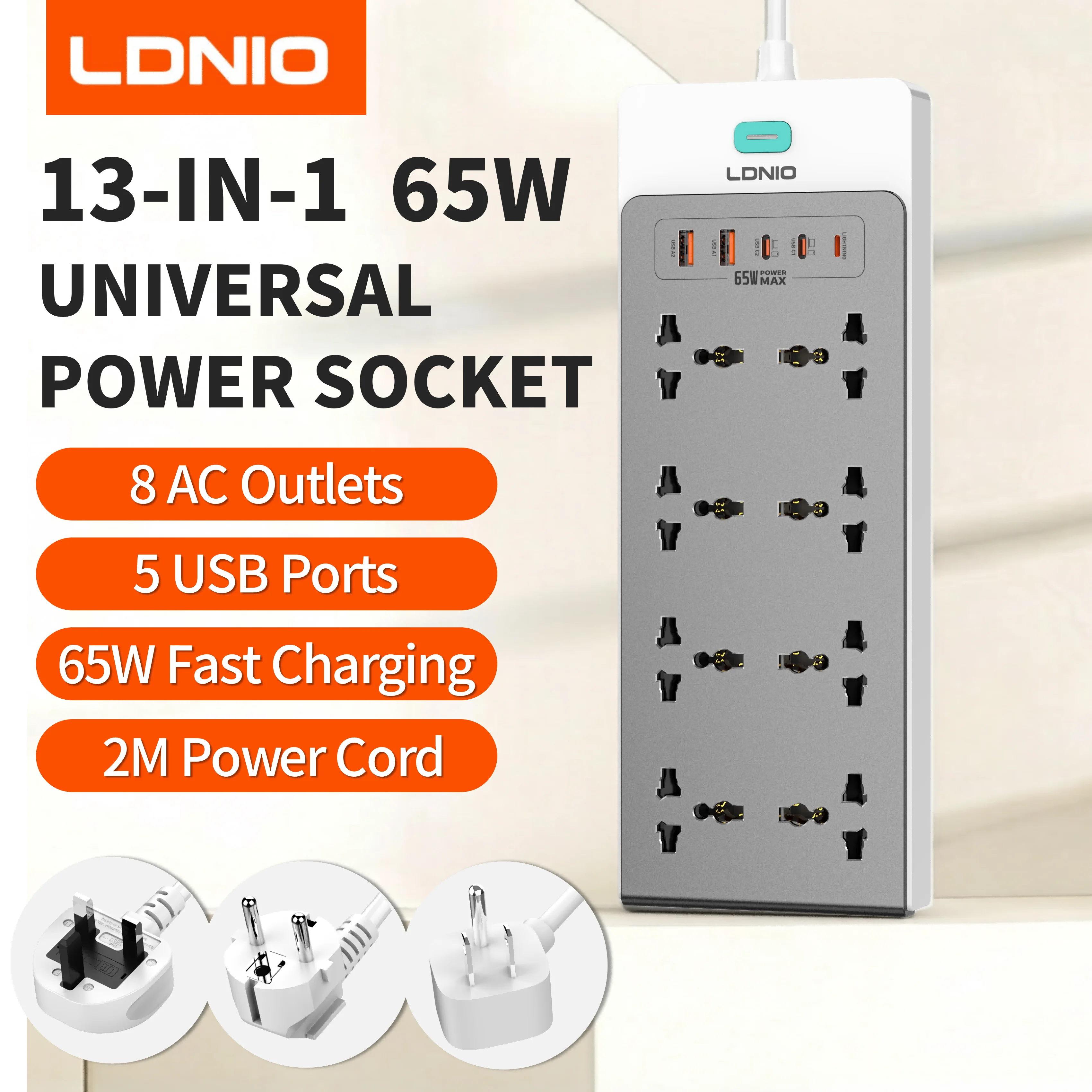 LDNIO 13-in-1 2500W Extension Power Socket 65W Charging Station USB Power Strip 8 AC Outlets 5 USB C USB-A Extension Cord New