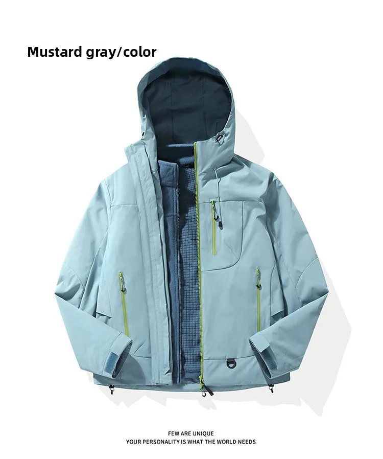Empty Mountain Rain Hardshell Wind- und Wasserdichte Funktionelle Outdoor Drei-in-Eins-Kapuzen-Bergsteigerjacke für Männer und Frauen – Detail 20