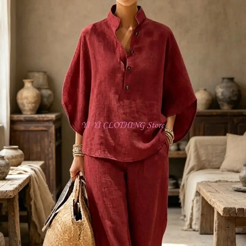 N5KF Lounges Set 2 Piece Outfits Half Sleeve Button Down Shirt and Wide Leg Pants Set