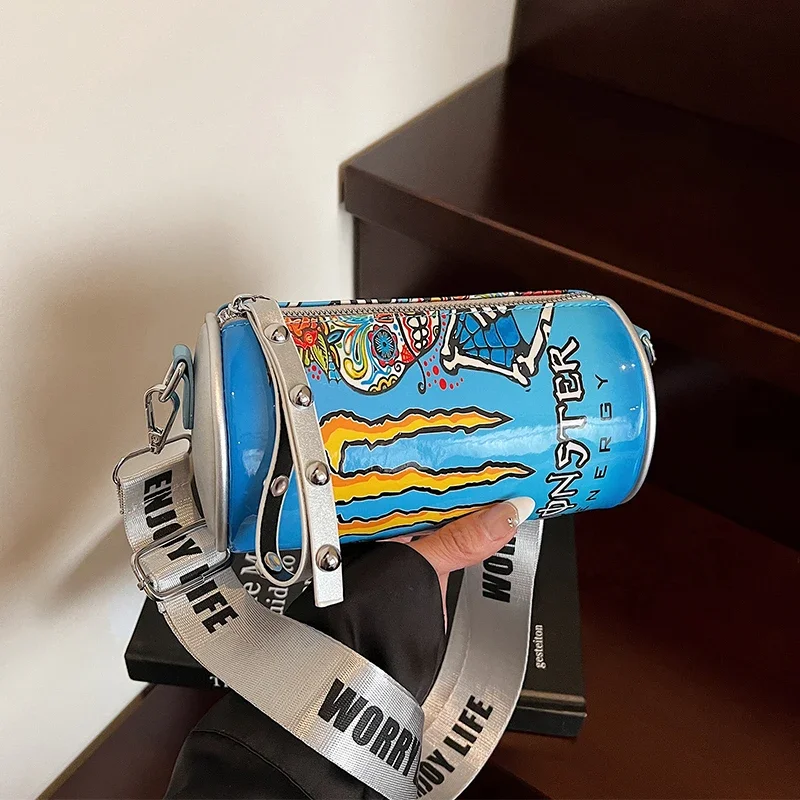 

Young Girl Crossbody Bag Creative Circular Handbag Cute Letter Graffiti Shoulder Bag For Women 2025 Barrel-Shaped Messenger Bag