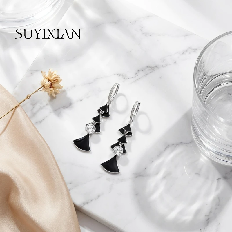 925 Sterling Silver Stylish Delicate Fan Long Earrings Multi-layer Personalized Earrings Birthday Party Anniversary Gift