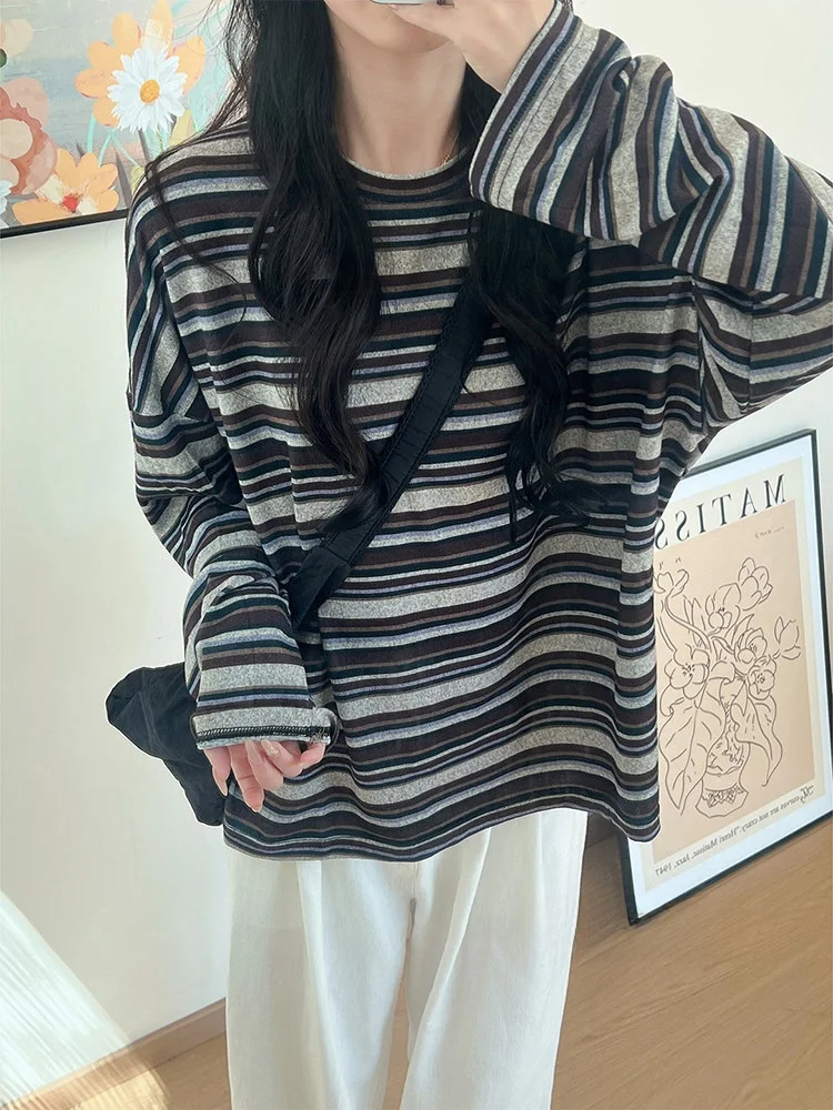 

Женская футболка Long Sve в полоску в стиле ретро, свободная утягивающая футболка Lazy Sle, круглый топ Ne Base irt на осень-зиму, Новое поступление 2023 г.