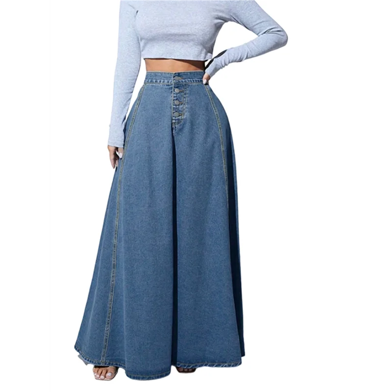 

【FAVORITE!】Women's Retro High Waisted Button Fly Flared Long Pleated Flowy Swing A-Line Denim Maxi Skirts