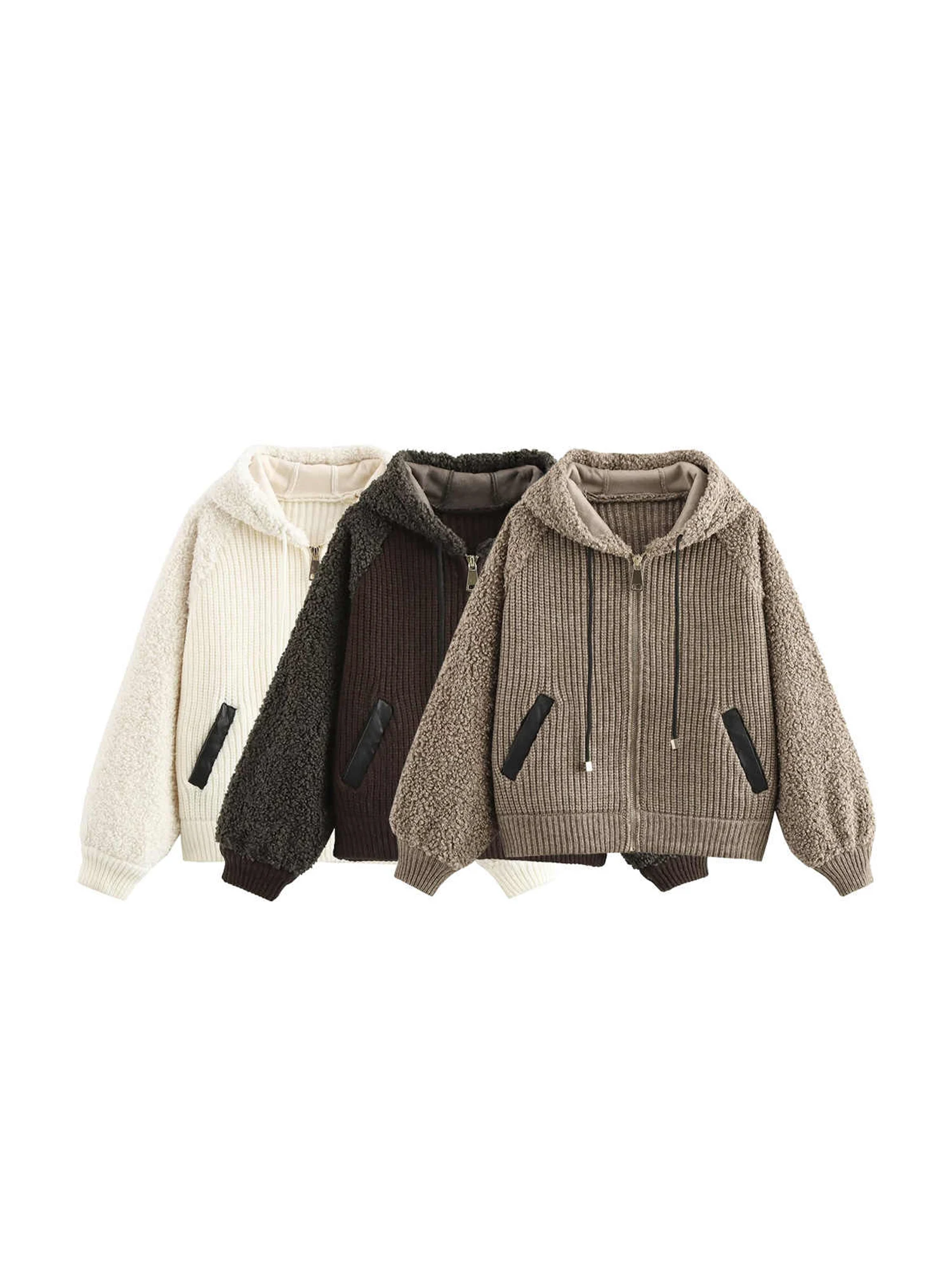 

Women Camel Hoodie Patchwork Cardigan Sweater Vintage 2000s Y2k Jumper Knitwear Teddy Coats Long Sleeves Sweater Autumn Clothes