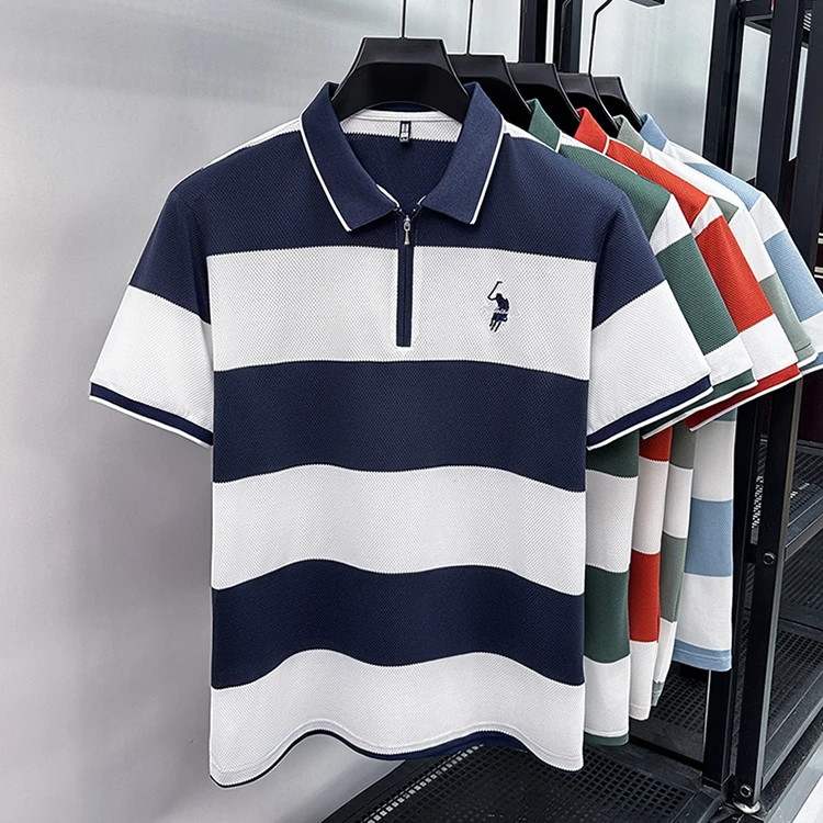 Modisches gestreiftes, farblich abgesetztes Kurzarm-Poloshirt für Herren High-End-Marke Pony-Stickerei Sommer, Golf, Freizeit, neues T-Shirt mit halbem Reißverschluss – Detail 17