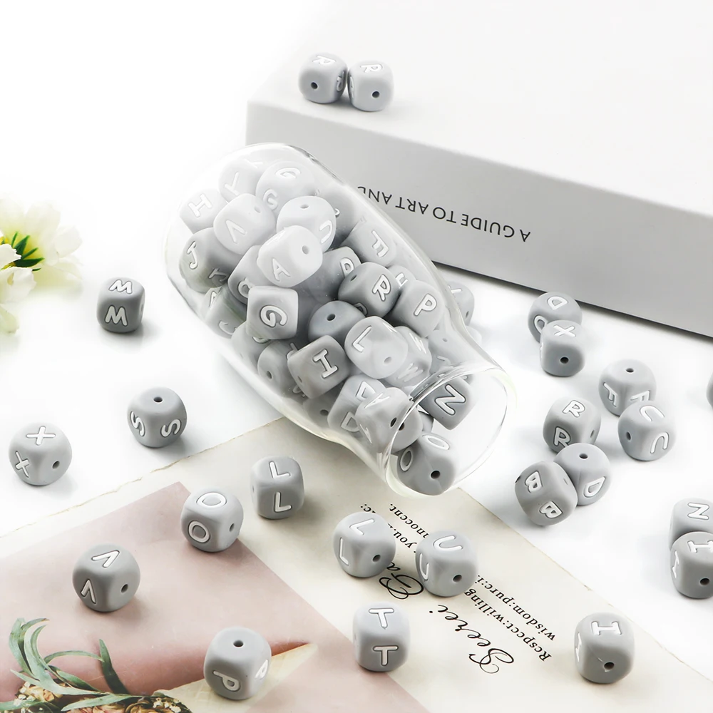 Sunrony 10~100Pcs 12MM Silicone Letter Beads Gray Square Alphabet Spacer Bead For Jewelry Making DIY Name Bracelet Accessories