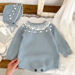 Autumn Winter Infant Baby Girl Knitting Bodysuits+Hat Long Sleeved Lace Stitching Newborn Baby Jumpsuit Children Knitted Clothes