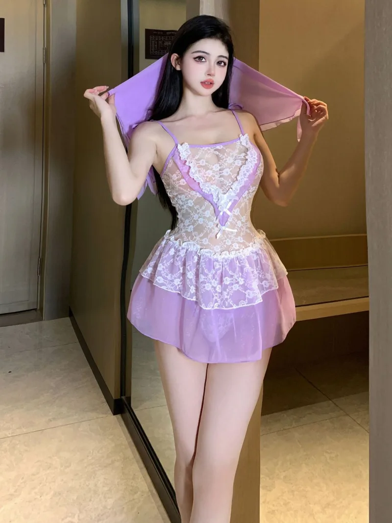 ドレスパープルミニセクシーなランジェリーレースメッシュ薄手の透明スリム背中の開いたブライダルドレスエレガントな甘い韓国女性 2023 トップス V1GJ