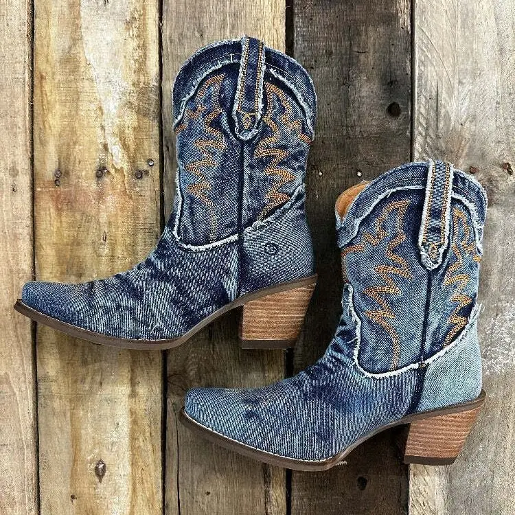 Retro Embroidered Thick Heel Western Denim Boots Pointed Toe Knee-High Botines Comfortable Slip-On Ankle Botas Femininas