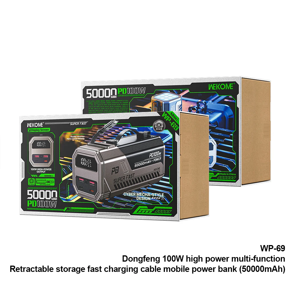 باور بانك شحن سريع 100 وات بقدرة 50000 مللي أمبير في الساعة مع أضواء LED فائقة السطوع وبطارية مخرجات متعددة المنافذ لهاتف آيفون وشاومي وسامسونج