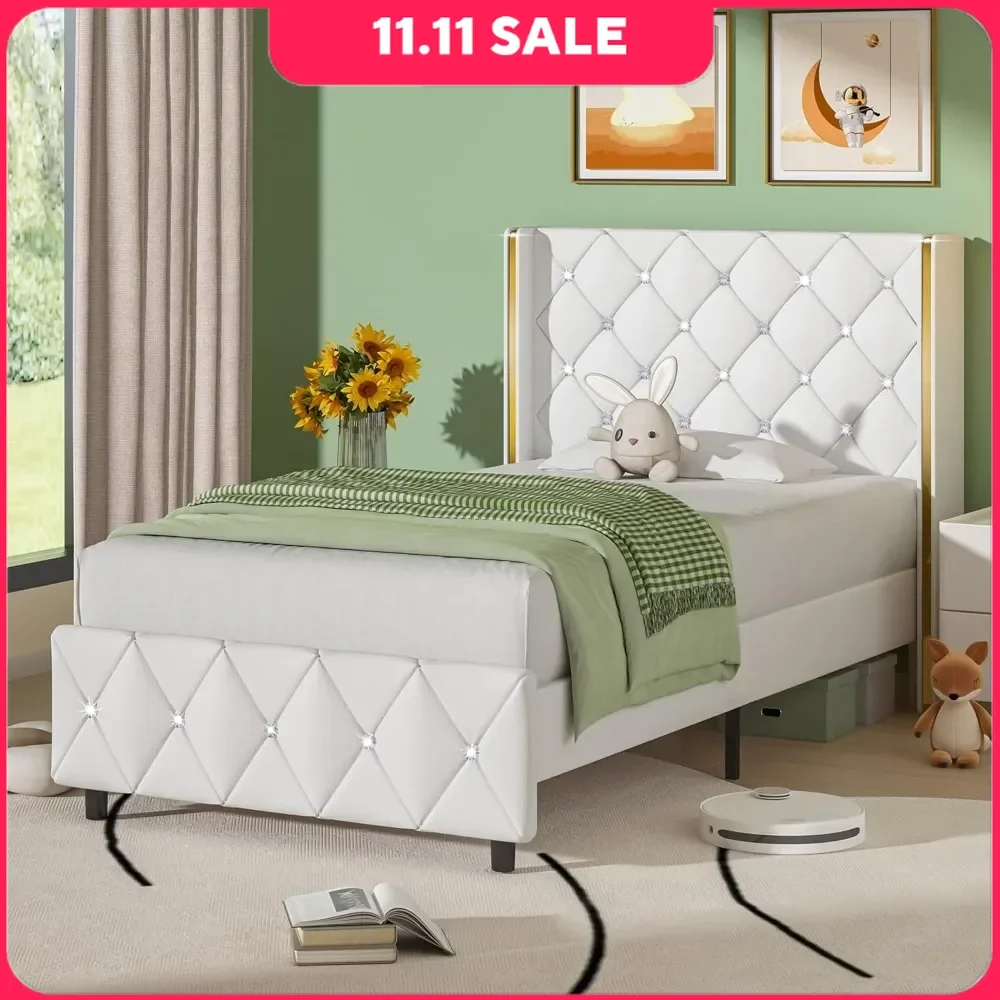 Bed Frame with Diamond Headboard,Leather Low Profile Platform Bed Frame, Adjustable Crystal Button Tufted Headboard, Bed Frame