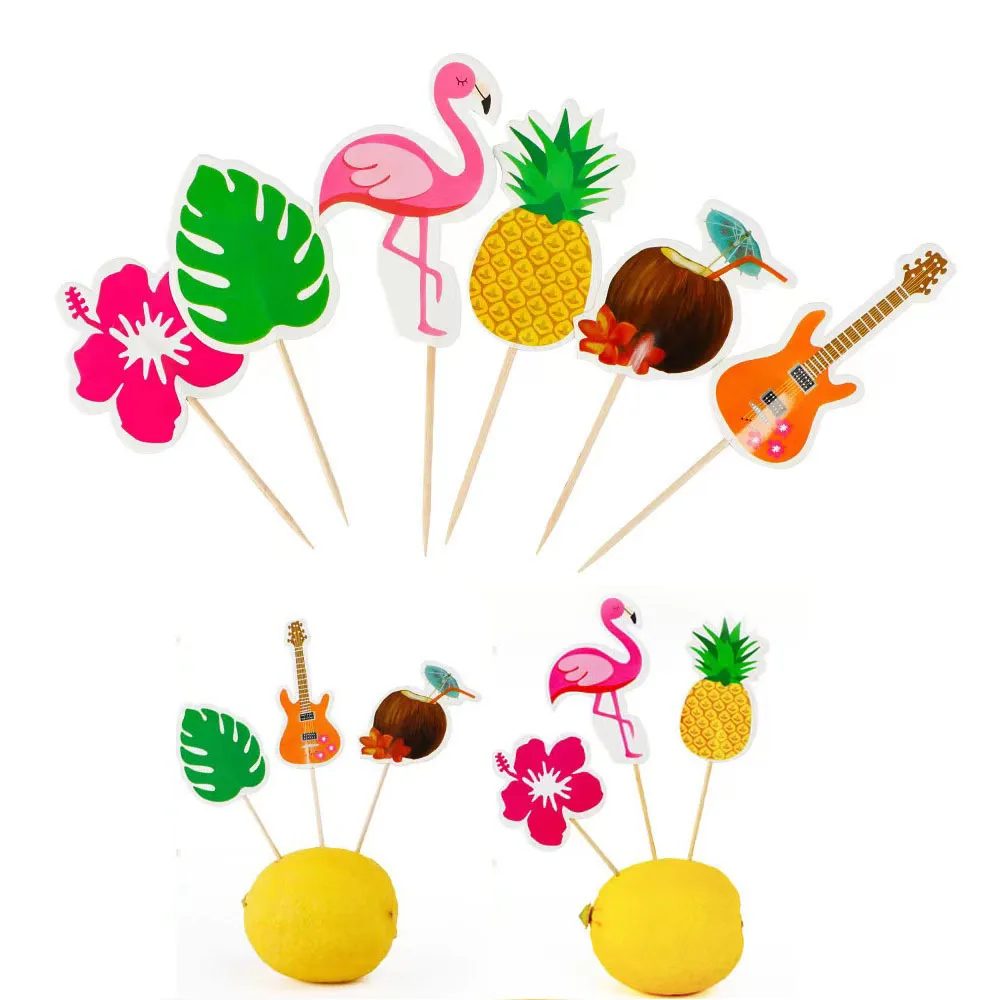 6 combinaciones de arreglo de fiesta hawaiana, tapón para pastel, decoración para hornear, flor de hibisco, tortuga, flamenco, palo de fruta