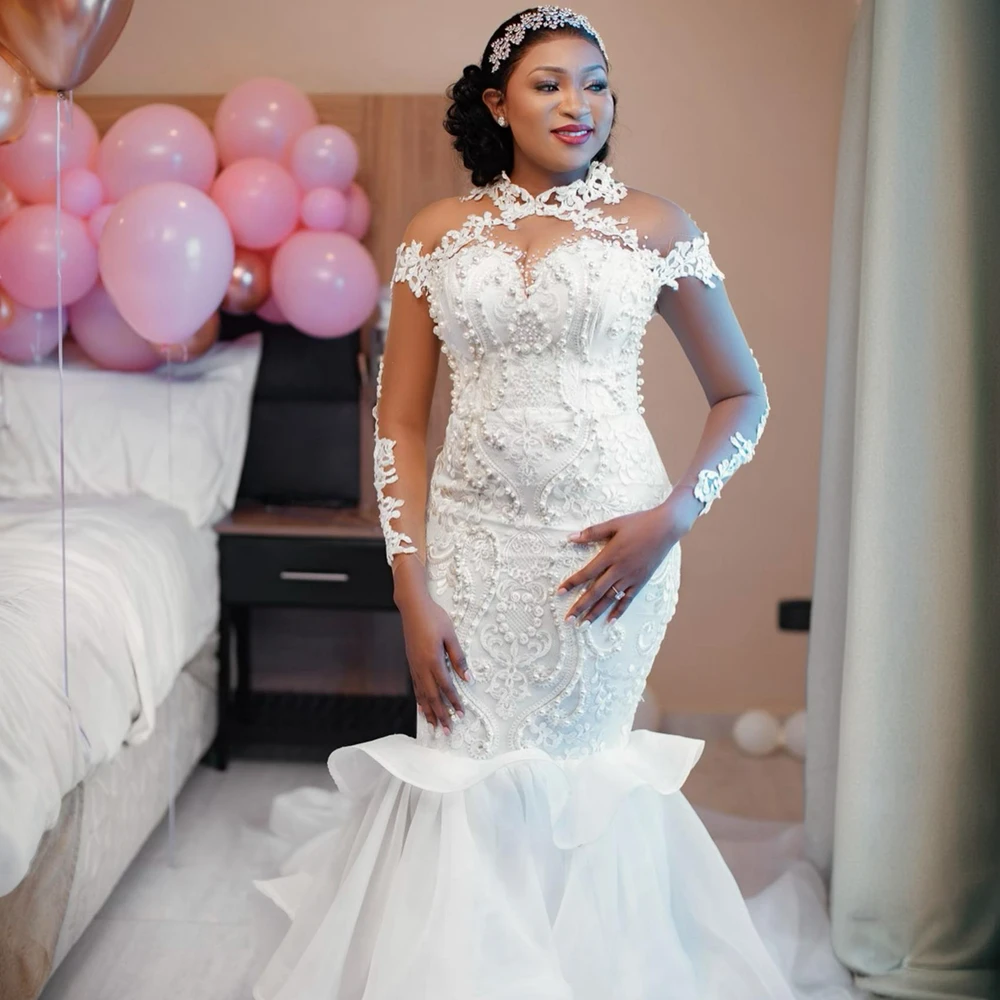 

Customized High Collar Shinny Pearls Appliques Wedding Dress Sweep Train Long Sleeves African Plus Size Church Bridal Gowns
