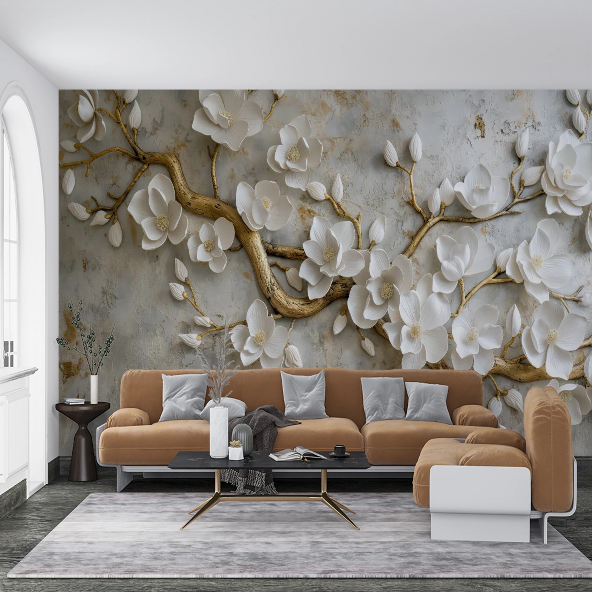 Custom 3D White Magnolia Flower Mural Wallpaper Golden Branch Texture Wall Paper for Living Room Bedroom Background Home Decor