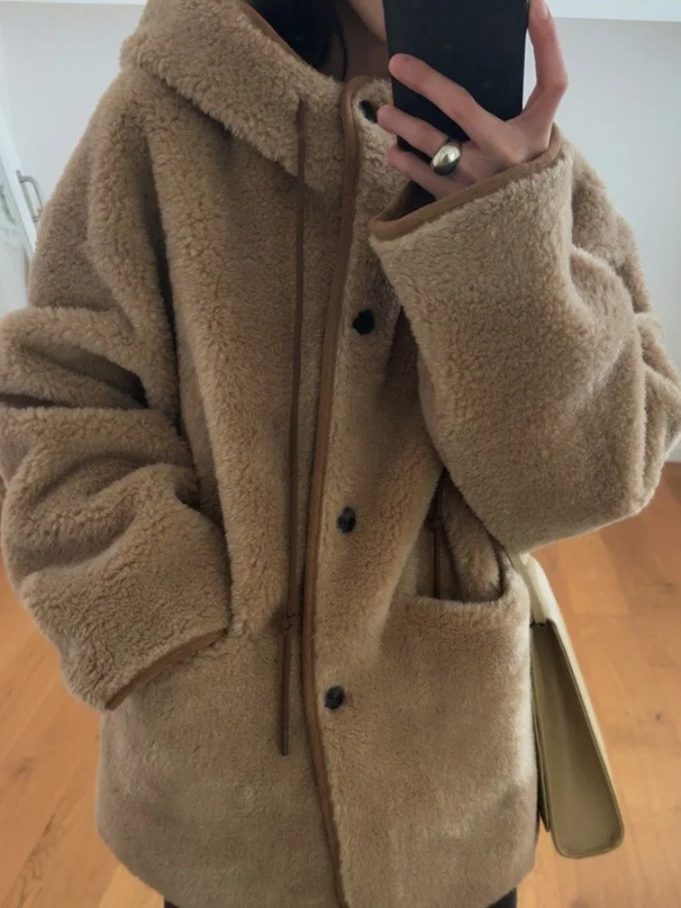 Retro sle pele e couro eepskin casaco feminino inverno novo duplo ket versátil algodão jaet dstring com capuz outerwear