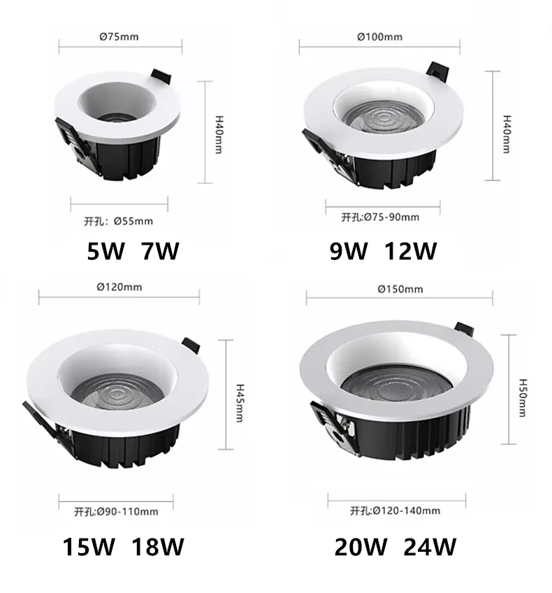 LED النازل عكس الضوء الأضواء غرفة المعيشة ضوء السقف 7 واط 10 واط 12 واط 15 واط 18 واط 20 واط 24 واط إضاءة داخلية لا الضوء الرئيسي AC85-265V #2