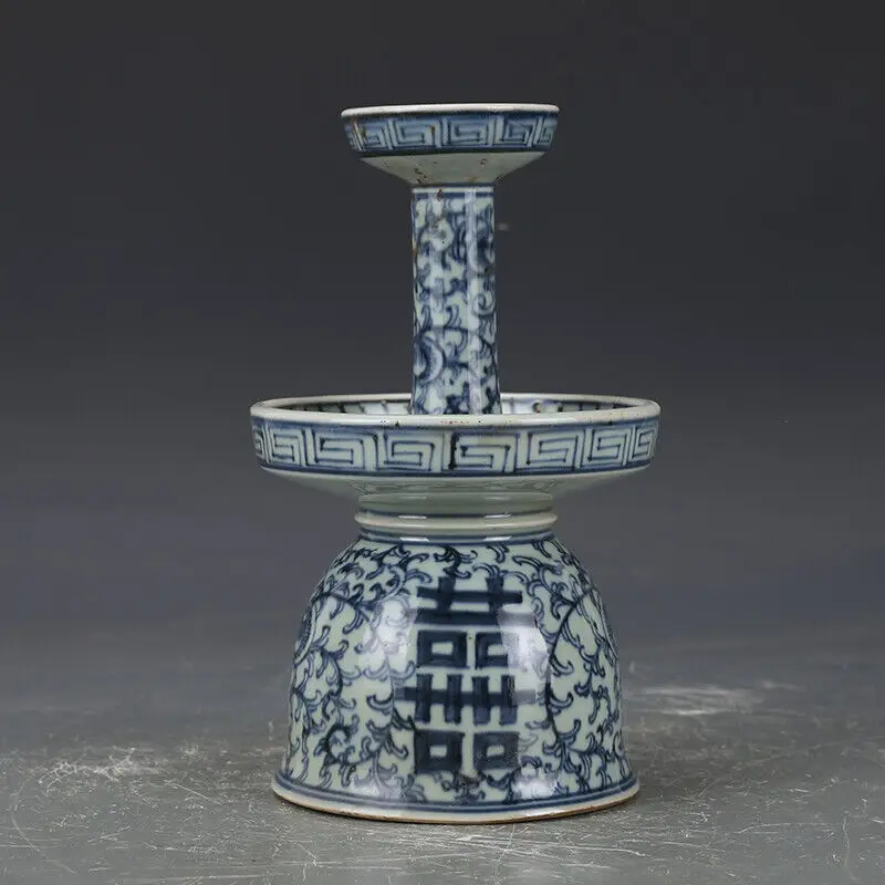 China Qing Blue-and-white Porcelain Flower Branch Character Candlestick