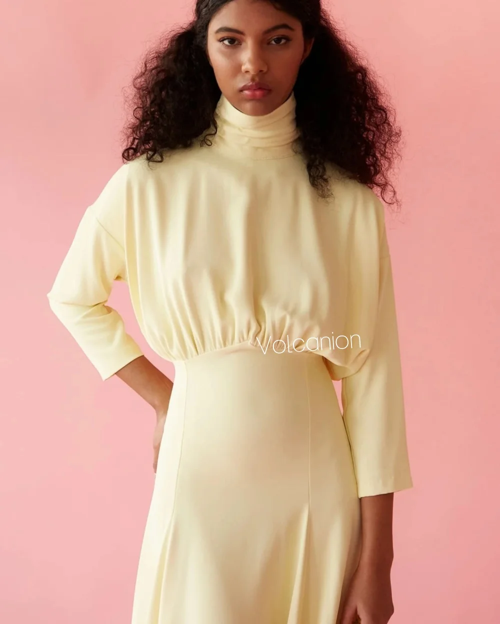 Customized Jersey Pleat A-line High Collar Midi Dresses Bespoke Occasion Casual Simple Sizes Available