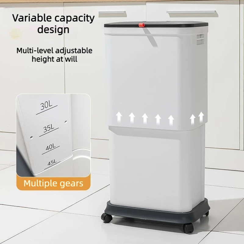 Adjustable Height Trash Can Large Capacity Waste Bins Kitchen Food Disposal Waste Can Household Waste Paper Basket with Wheels