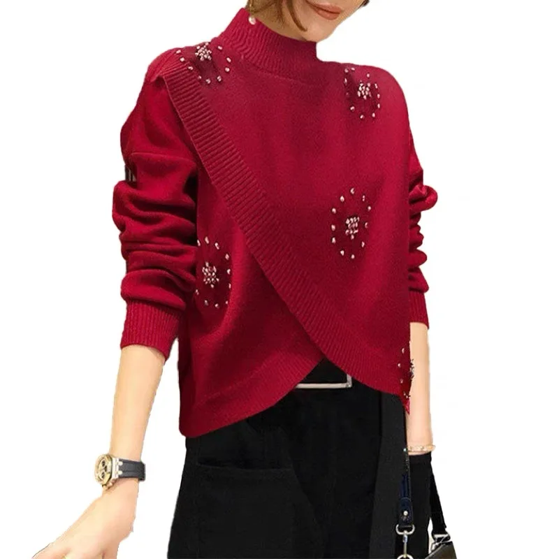 Early Spring Women\'s Red Knitted Loose Sweaters Casual Loose Chic Vintage Pullovers Female Top Pearl Elegant Fashion Knitwear