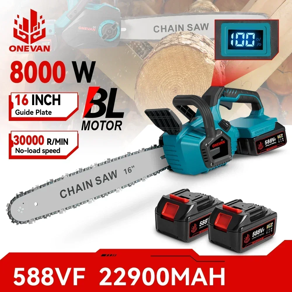 ONEVAN 16 Inch Brushless Electric Chain Saw 8000W Cordless Battery Saw Woodworking Cutting Power Tool Machine For Makita Battery