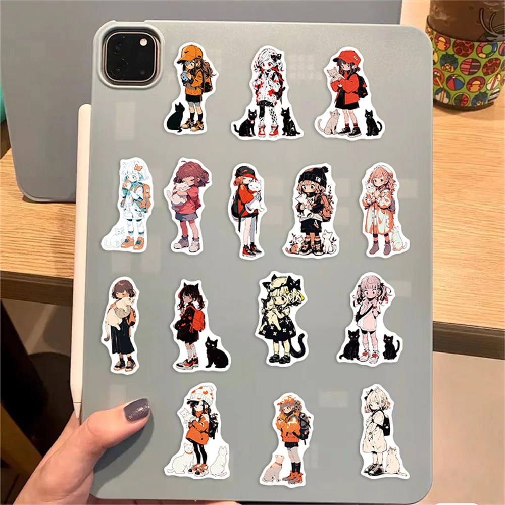 50pcs Girl Cat Stickers For Phone Case Laptop Suitcase Stationery Aesthetic Cute Sticker Scrapbooking Material Craft Supplies