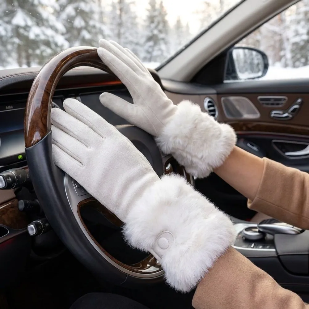 Plush Thermal Gloves Polyester Buckle Design Winter Warm Gloves Faux Fur Cuff Thick Lined Split Finger Gloves Daily Outdoor