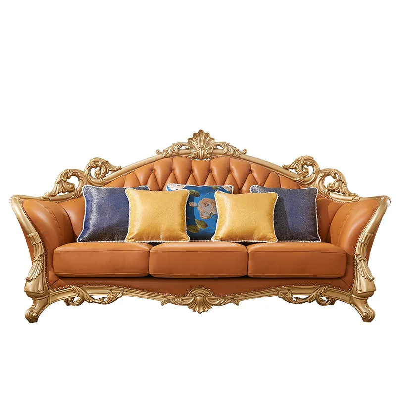 European leather sofa combination villa living room high-end luxury complete American 123 combination carved sofa