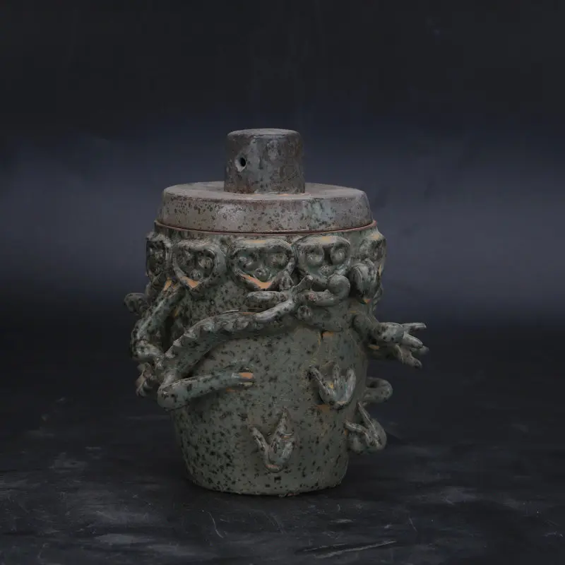 Song Bazhou Ware Celadon Glaze Hand Pinched Dragon Pattern Covered Jar Spur Marks Antique Reproduction Porcelain Home Decor